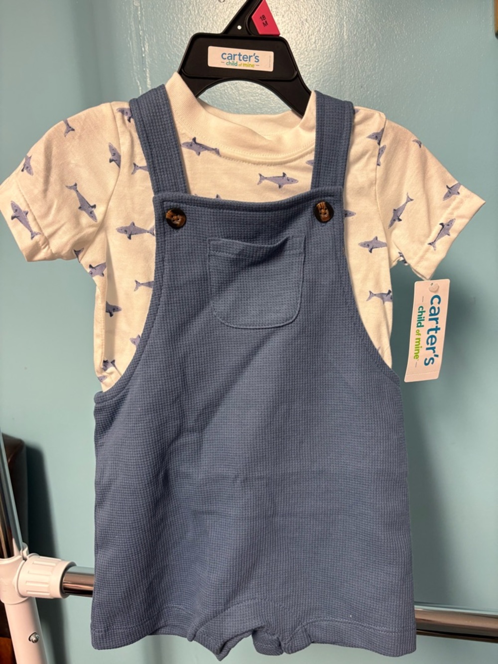 Carter's Blue Knit Overall Romper with Shark Print Tee